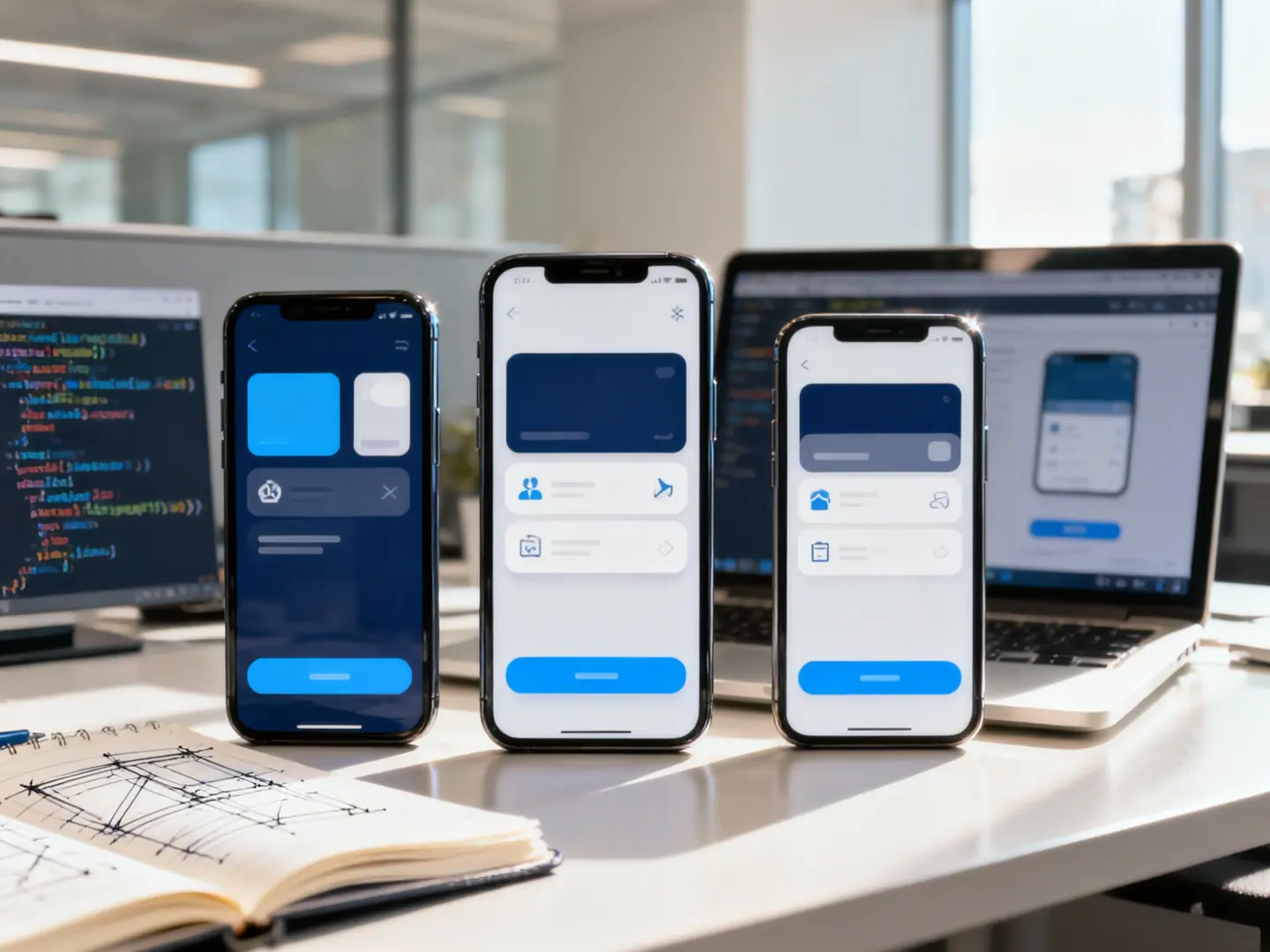 Symbolbild: Drei Smartphones mit derselben App in hellem und dunklem Design, dahinter ein Laptop mit App-Vorschau und ein Bildschirm mit Code