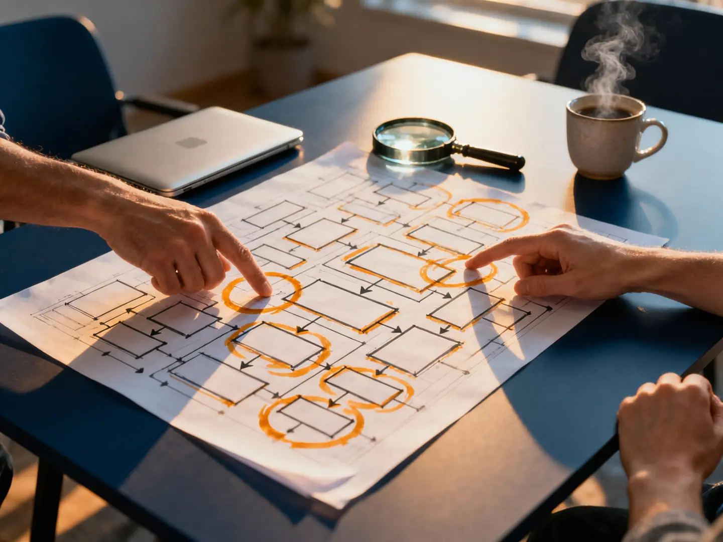 Zwei Personen zeigen auf einen ausgedruckten Architekturplan mit orange markierten Komponenten, daneben Lupe, Laptop und Kaffeetasse