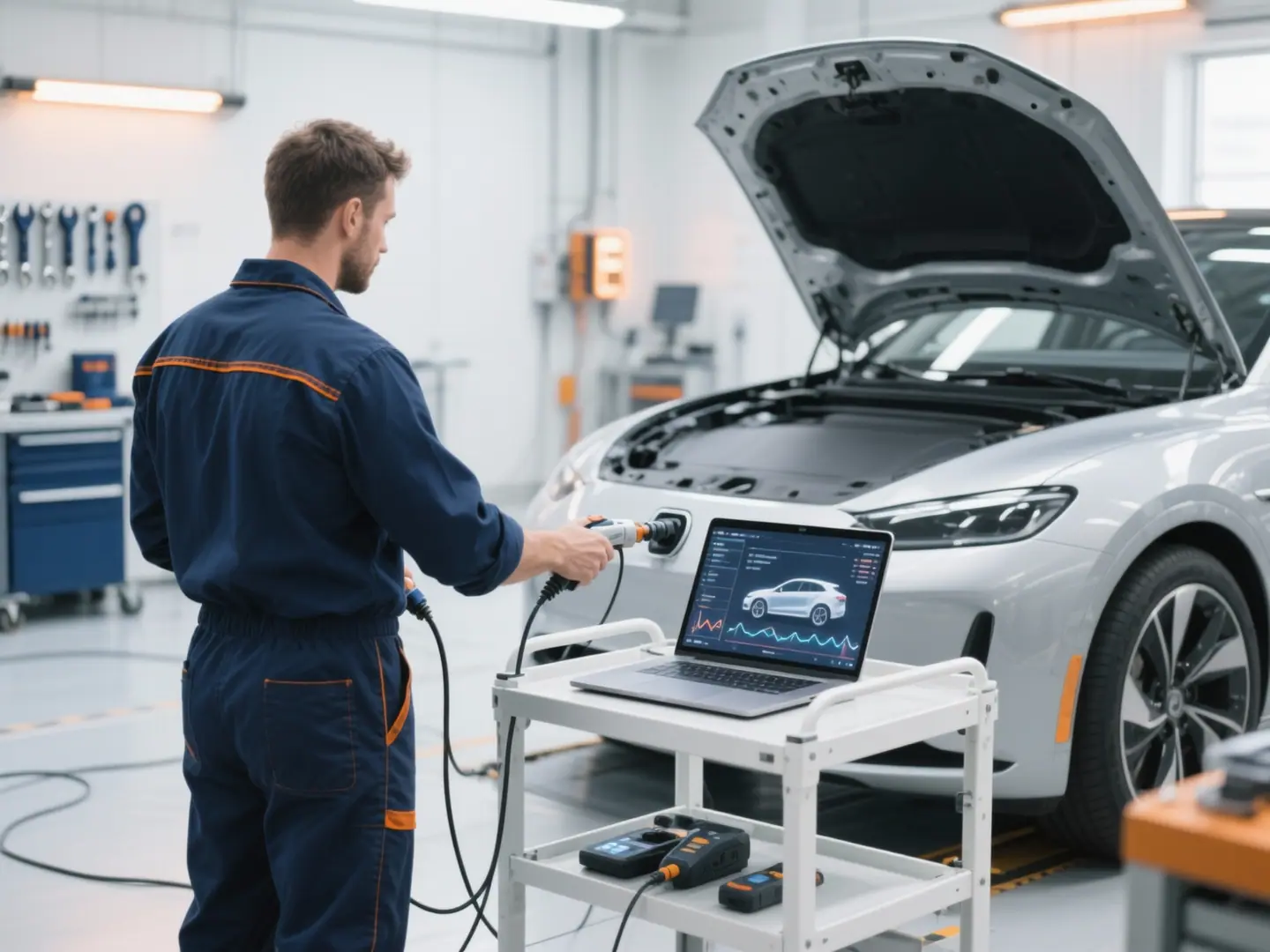 Symbolbild: Techniker schließt ein Fahrzeug über Kabel und Laptop an ein Diagnosesystem an