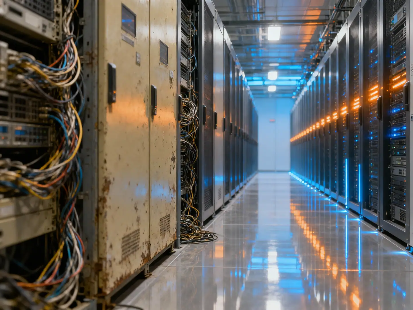 Symbolbild: Gang in einem Rechenzentrum, links ältere Serverschränke mit offener Verkabelung, rechts moderne beleuchtete Racks, als Sinnbild für die Hosting-Optionen von Sprachmodellen
