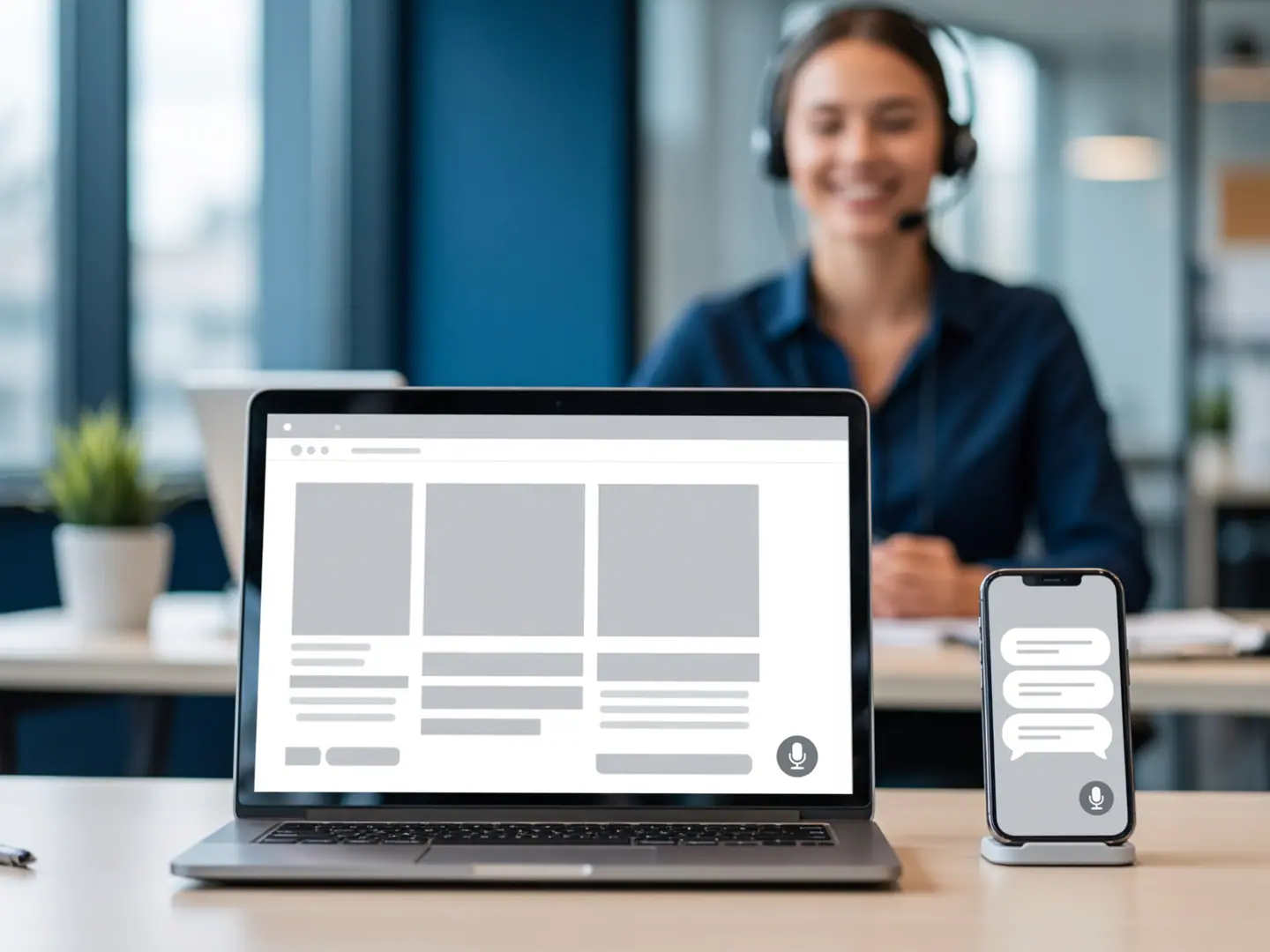 Symbolbild: Laptop mit einer Website und Mikrofon-Schaltfläche, daneben ein Smartphone mit Chatverlauf, im Hintergrund eine Servicemitarbeiterin mit Headset