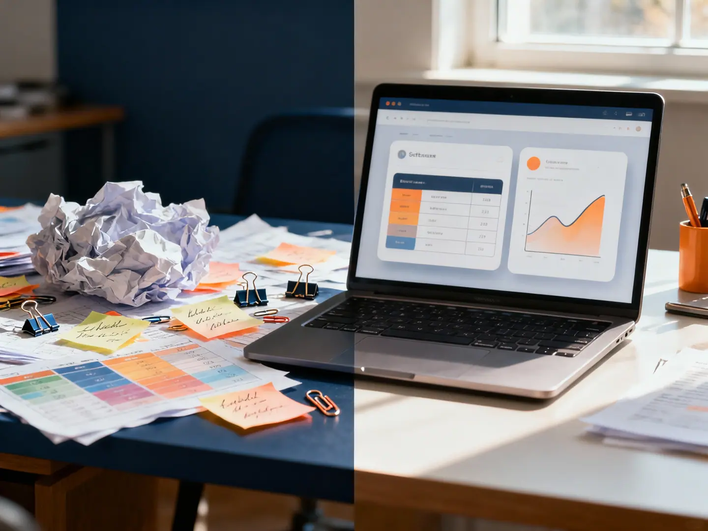 Schreibtisch mit ausgedruckten Tabellen, Haftnotizen und zerknülltem Papier neben einem Laptop, der eine aufgeräumte Webanwendung mit Tabelle und Diagramm zeigt