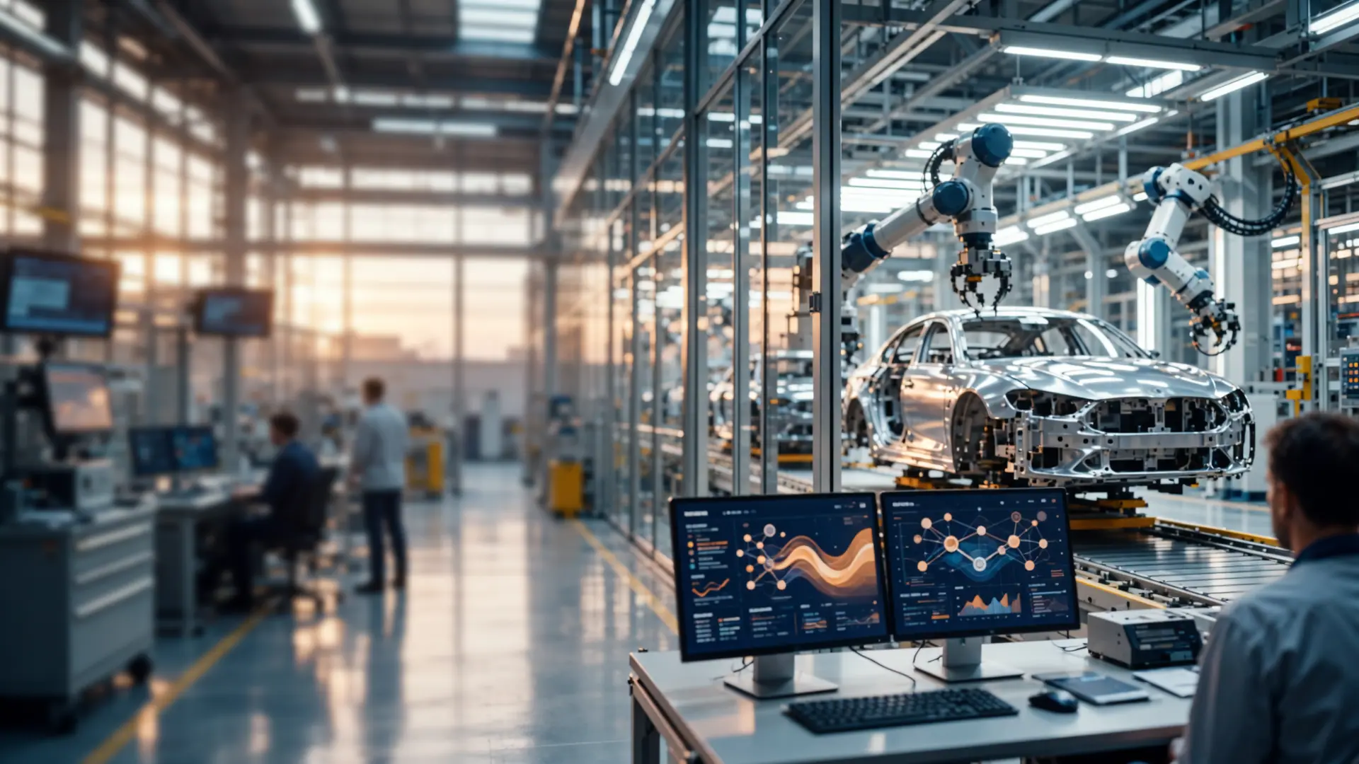 Moderne Fahrzeugproduktion mit Dashboards an einem Engineering-Arbeitsplatz