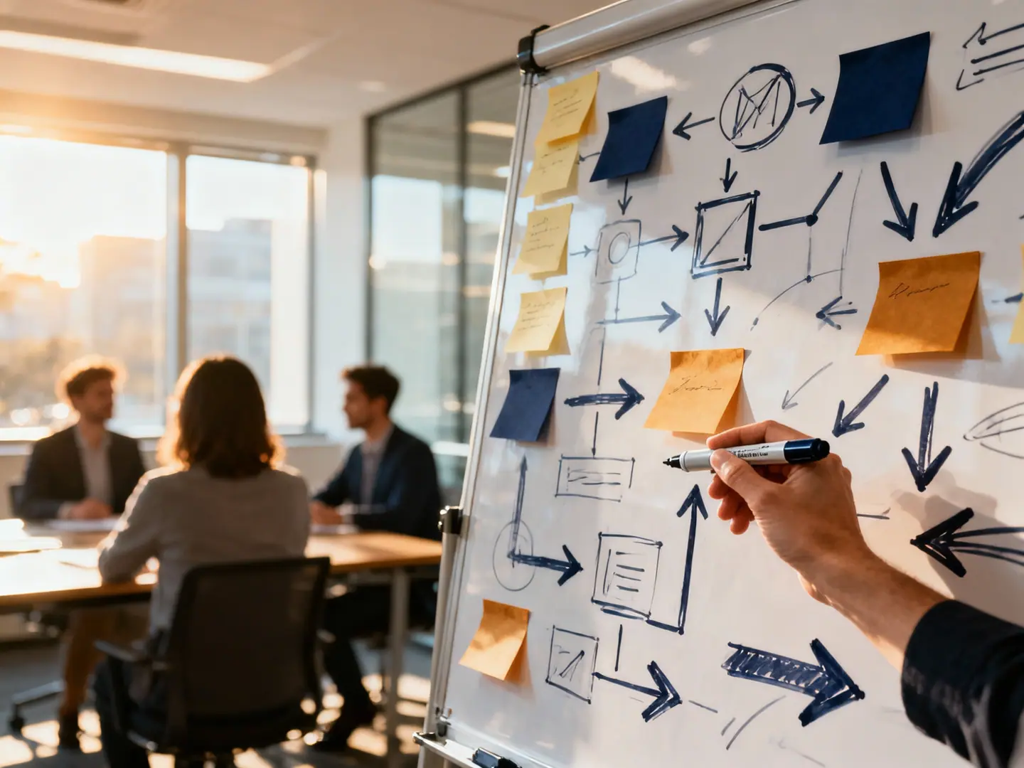 Workshop an einem Whiteboard mit Haftnotizen und Prozessdiagrammen zur Bewertung von KI-Optionen