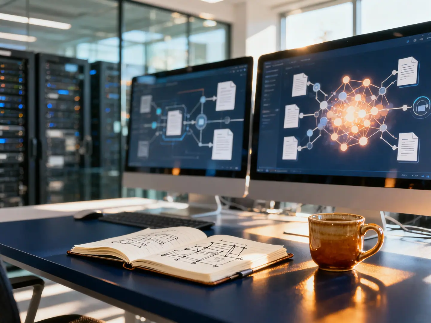 Schreibtisch mit zwei Monitoren, die ein Diagramm einer Retrieval-Pipeline aus vernetzten Knoten und Dokumenten zeigen