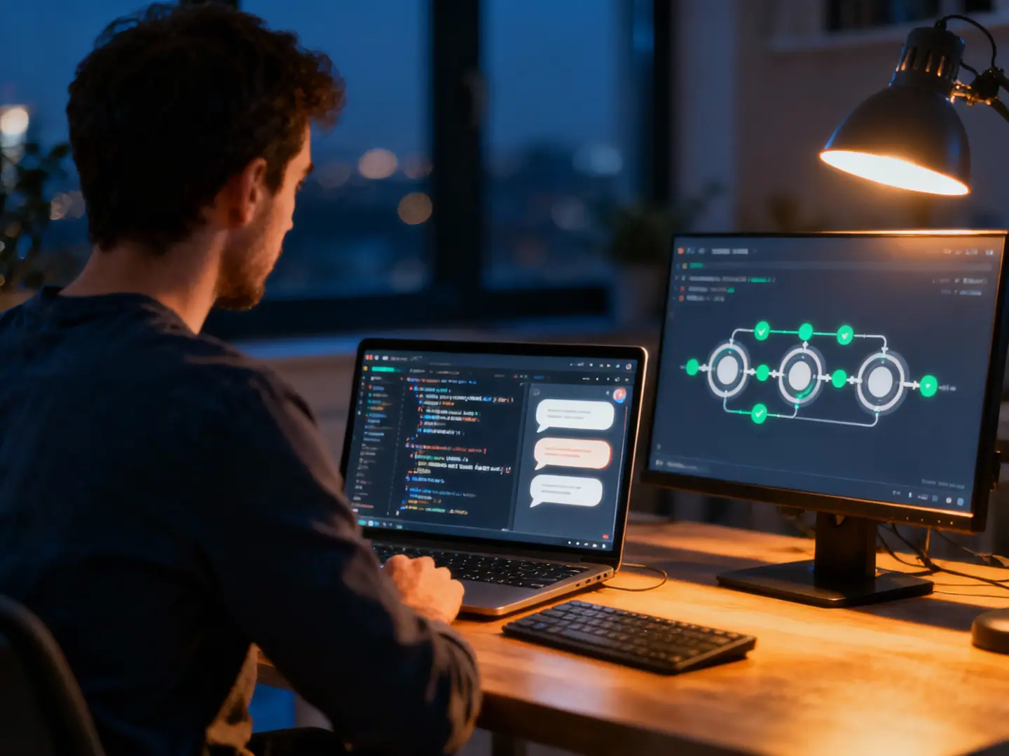 Symbolbild: Entwickler von hinten am Schreibtisch, Laptop mit Code-Editor und KI-Chat-Panel, daneben ein Monitor mit Pipeline-Visualisierung