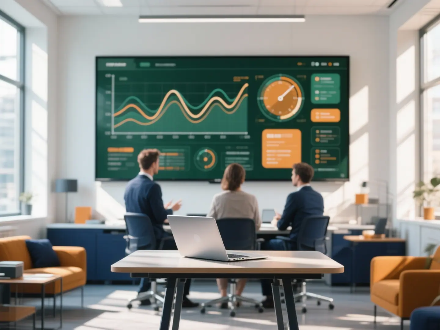 Symbolbild: Drei Personen von hinten vor einem großen Wandmonitor mit Monitoring-Dashboard aus Linien, Messanzeigen und farbigen Kacheln, im Vordergrund ein Laptop