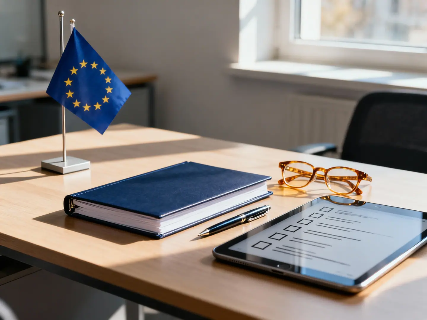 Schreibtisch mit kleiner EU-Flagge, dunkelblauem Gesetzbuch, Füller, Brille und einem Tablet mit Checkliste als Sinnbild für die Pflichten aus der KI-Verordnung