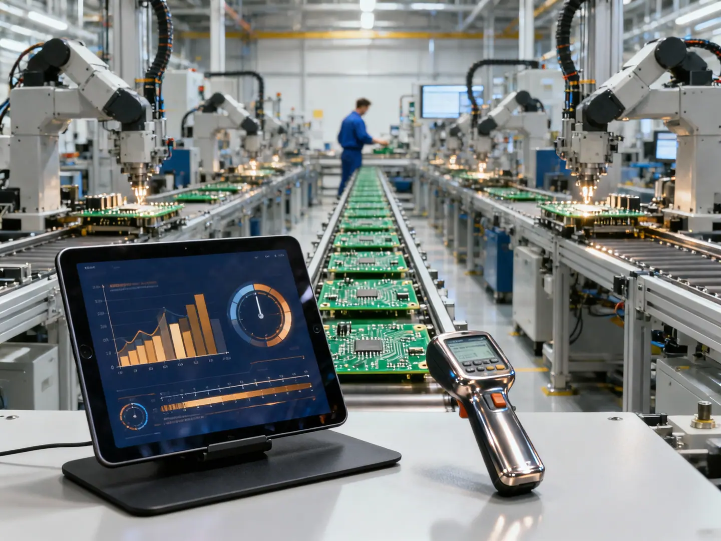 Elektronikfertigungslinie mit Bestückungsautomaten, Leiterplatten auf einem Förderband und einem Industrie-Tablet mit Produktionsdashboard im Vordergrund
