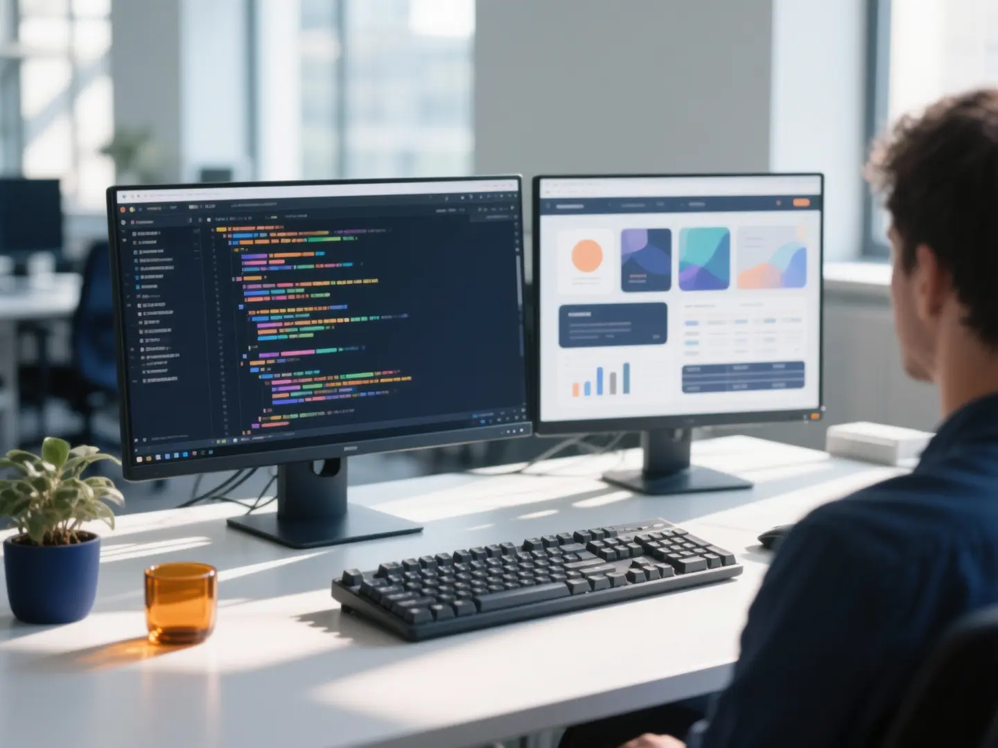 Entwicklerarbeitsplatz mit Ultrawide-Monitor, Code-Editor und einer Webanwendung mit Karten, Diagrammen und Tabellen auf dem zweiten Bildschirm