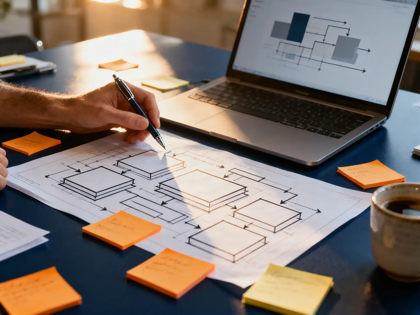 Hand mit Stift über einer Architekturskizze aus verbundenen Blöcken, daneben Haftnotizen, ein Laptop mit Diagramm und eine Kaffeetasse
