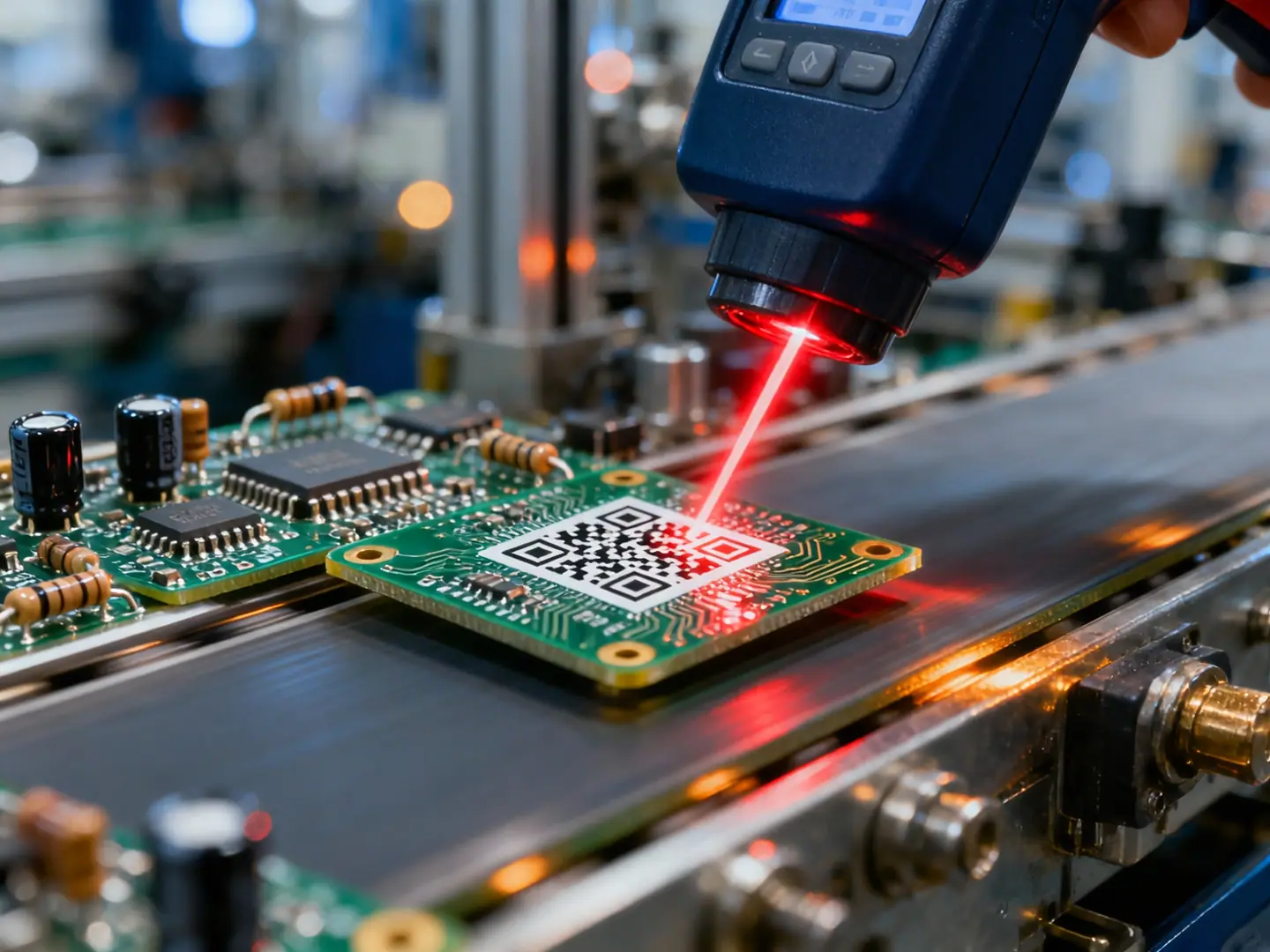 Symbolbild: Handscanner liest per Laserstrahl einen Data-Matrix-Code auf einer Leiterplatte, die auf dem Förderband einer SMT-Linie liegt