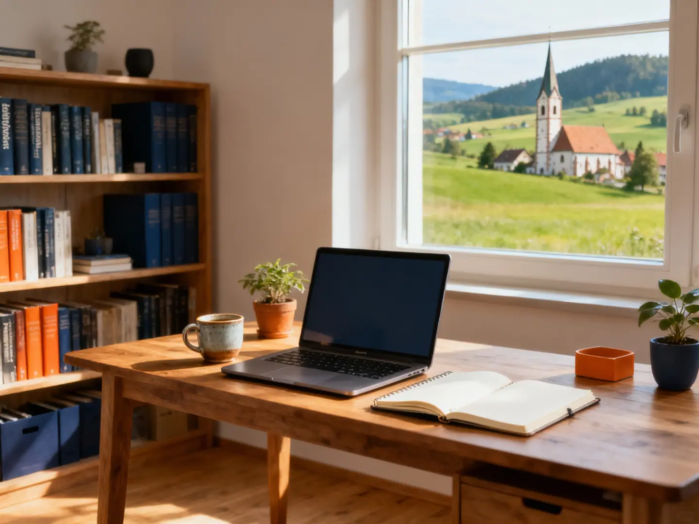 Heller Arbeitsplatz mit Blick auf bayerische Felder und einen Kirchturm