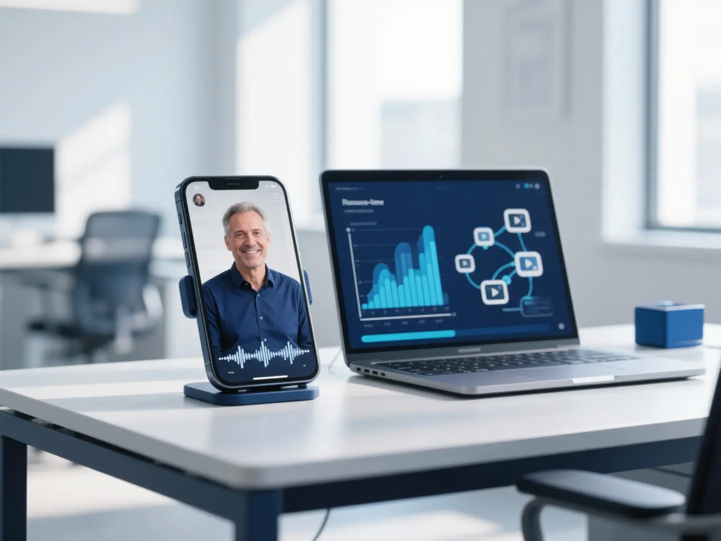 Smartphone auf einem Ständer mit Videoanruf eines virtuellen Gesprächspartners, daneben ein Laptop mit Antwortzeit-Diagramm und einem Graphen verbundener Videoclips